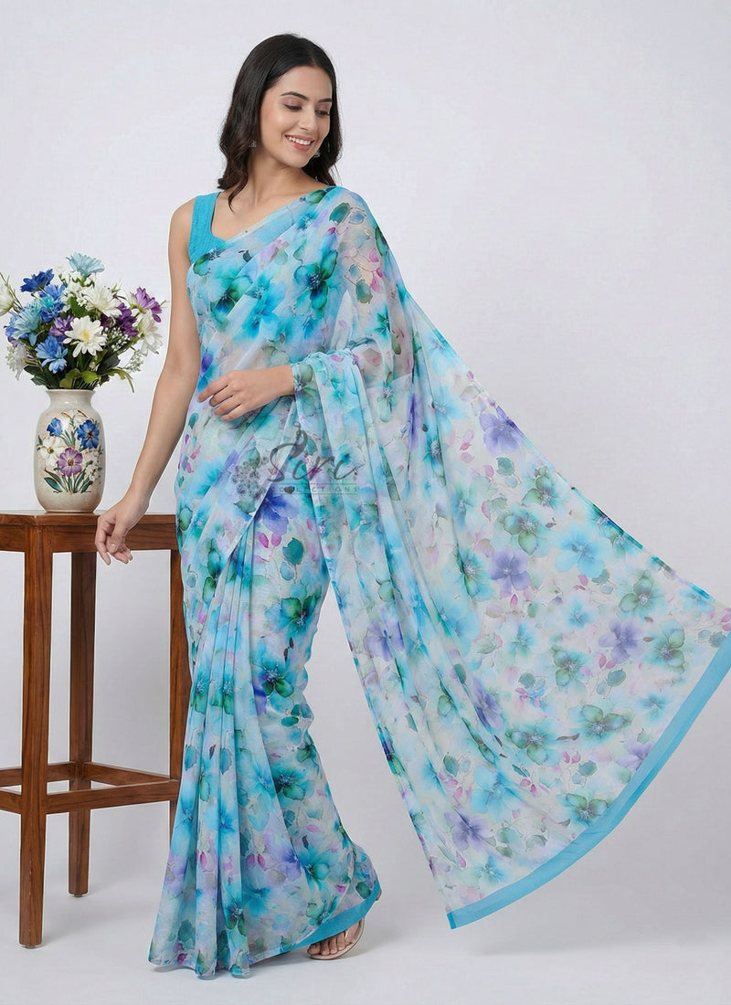 Latest Digital Print Nara Chiffon Saree with Blouse