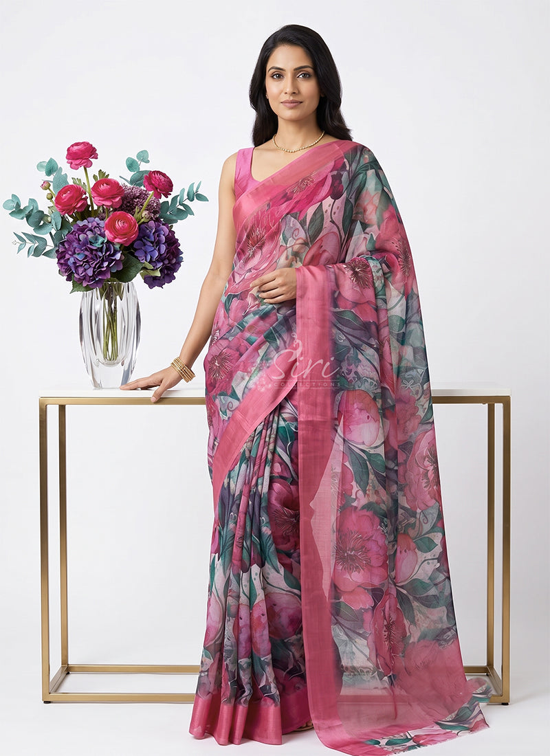 Lovely Digital Print Chiffon Saree in Satin Finish Border