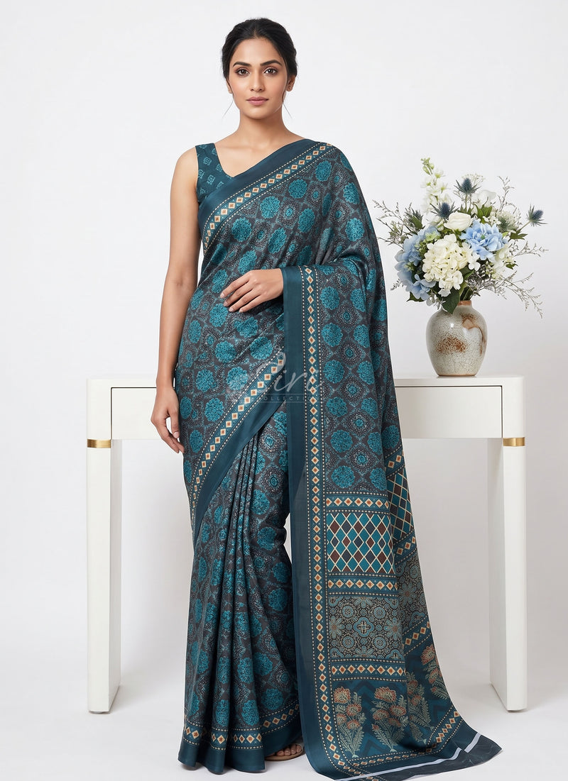 Latest Beautiful Digital Print Satin Silk Saree