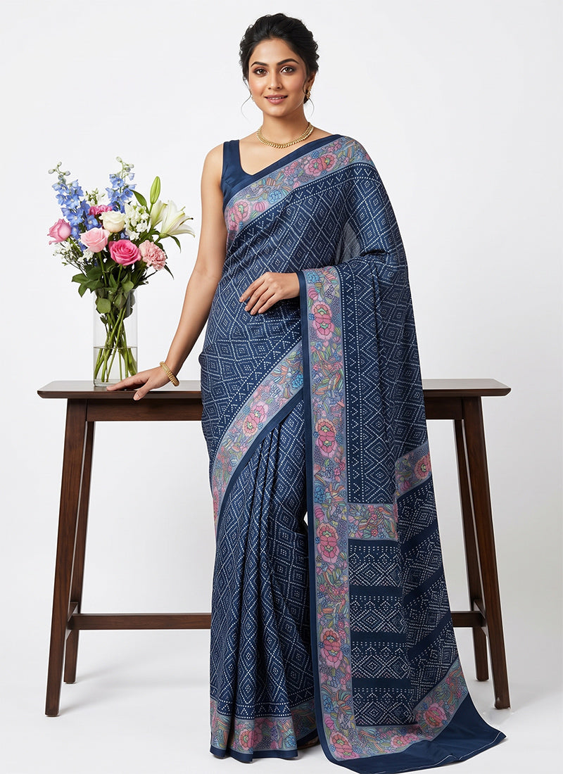 Premium Digital Print Satin Crepe Silk Saree with Blouse