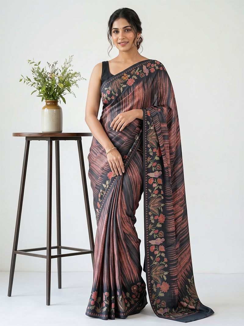 Premium Digital Print Satin Crepe Silk Saree with Blouse