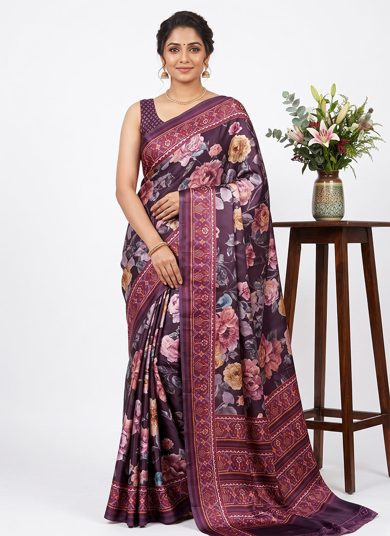 Premium Digital Print Satin Crepe Silk Saree with Blouse