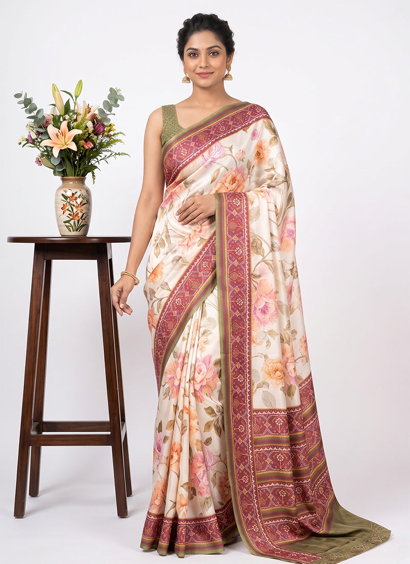 Premium Digital Print Satin Crepe Silk Saree with Blouse