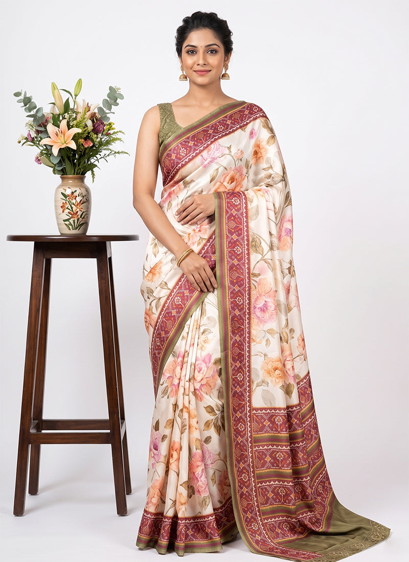Premium Digital Print Satin Crepe Silk Saree with Blouse