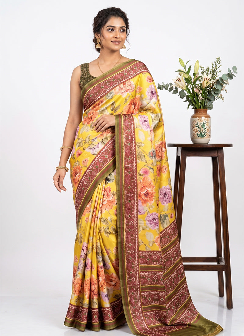 Premium Digital Print Satin Crepe Silk Saree with Blouse