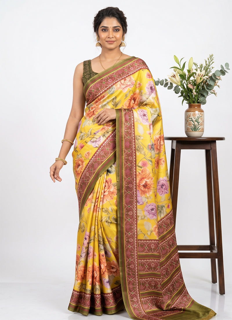 Premium Digital Print Satin Crepe Silk Saree with Blouse