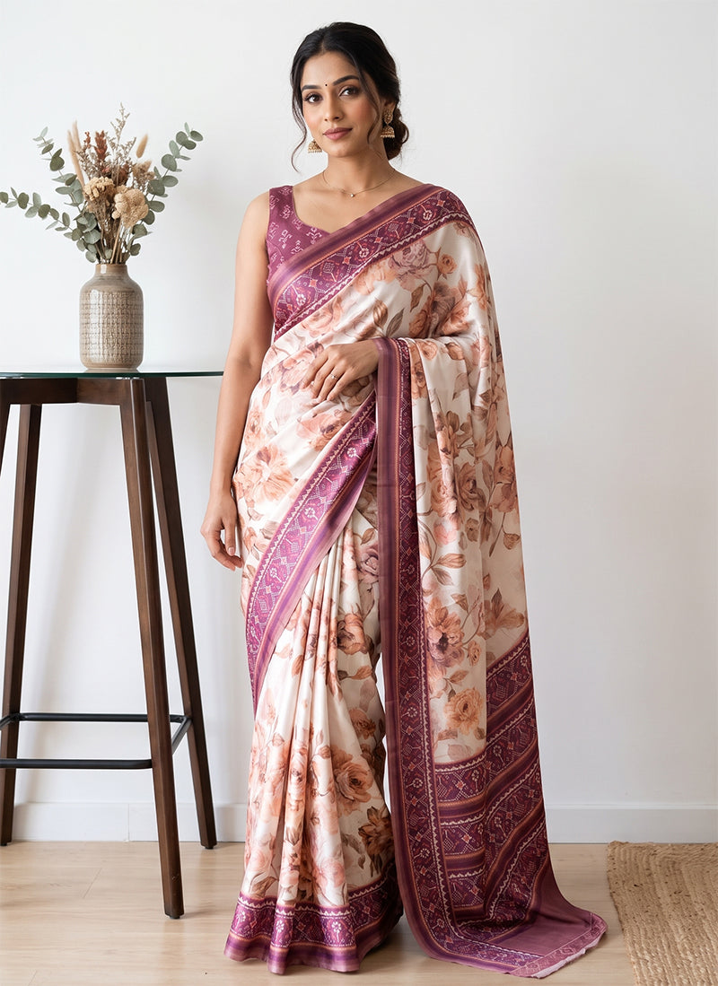 Premium Digital Print Satin Crepe Silk Saree with Blouse