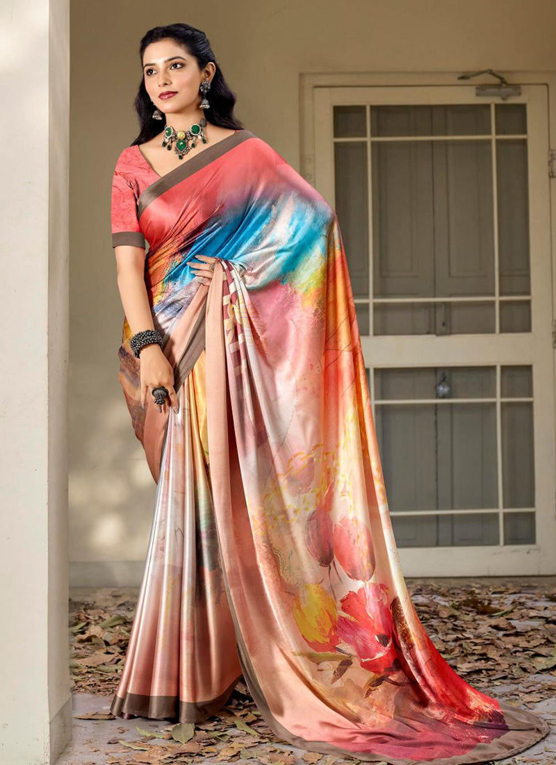 Lovely Digital Print Satin Saree