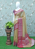 Beautiful Cream Red Banarasi Kora Saree