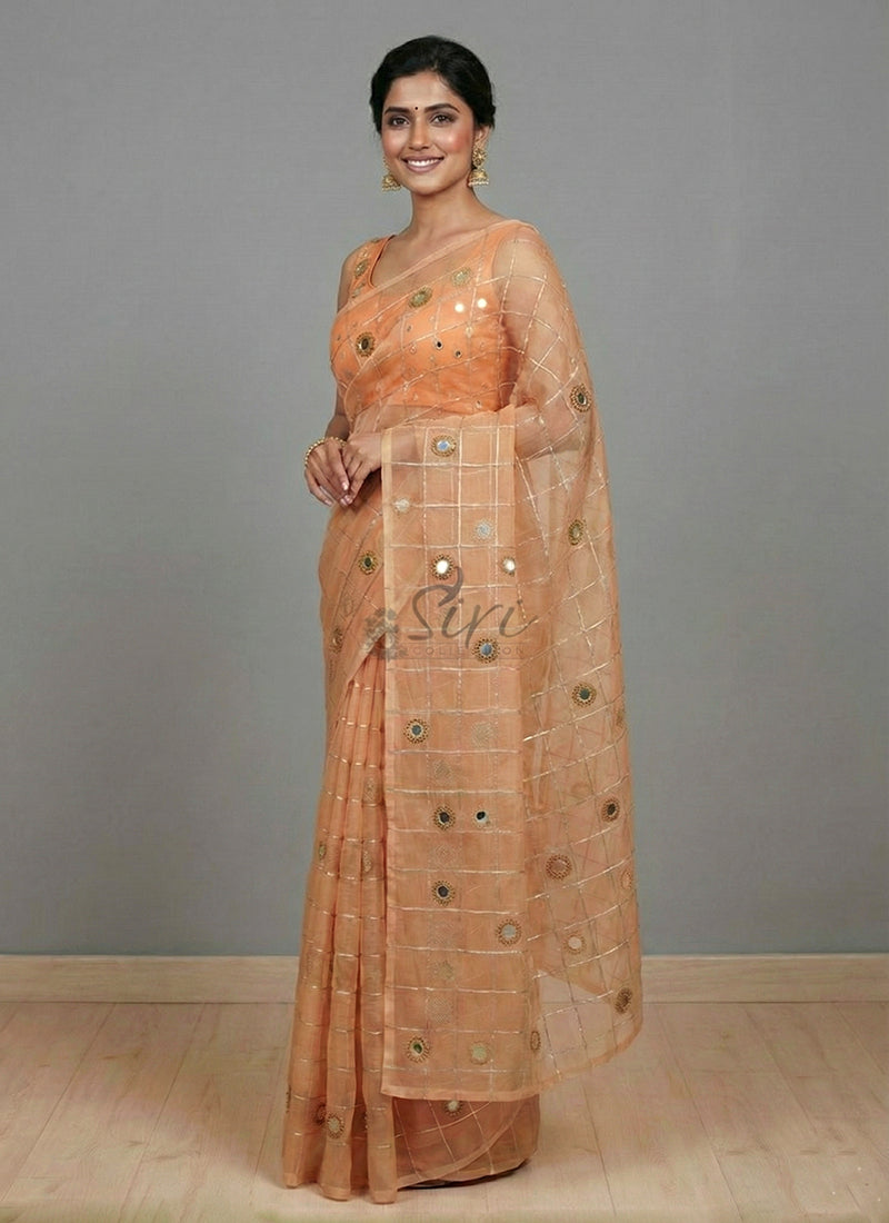 Designer Organza Saree in Hand Mirror Work