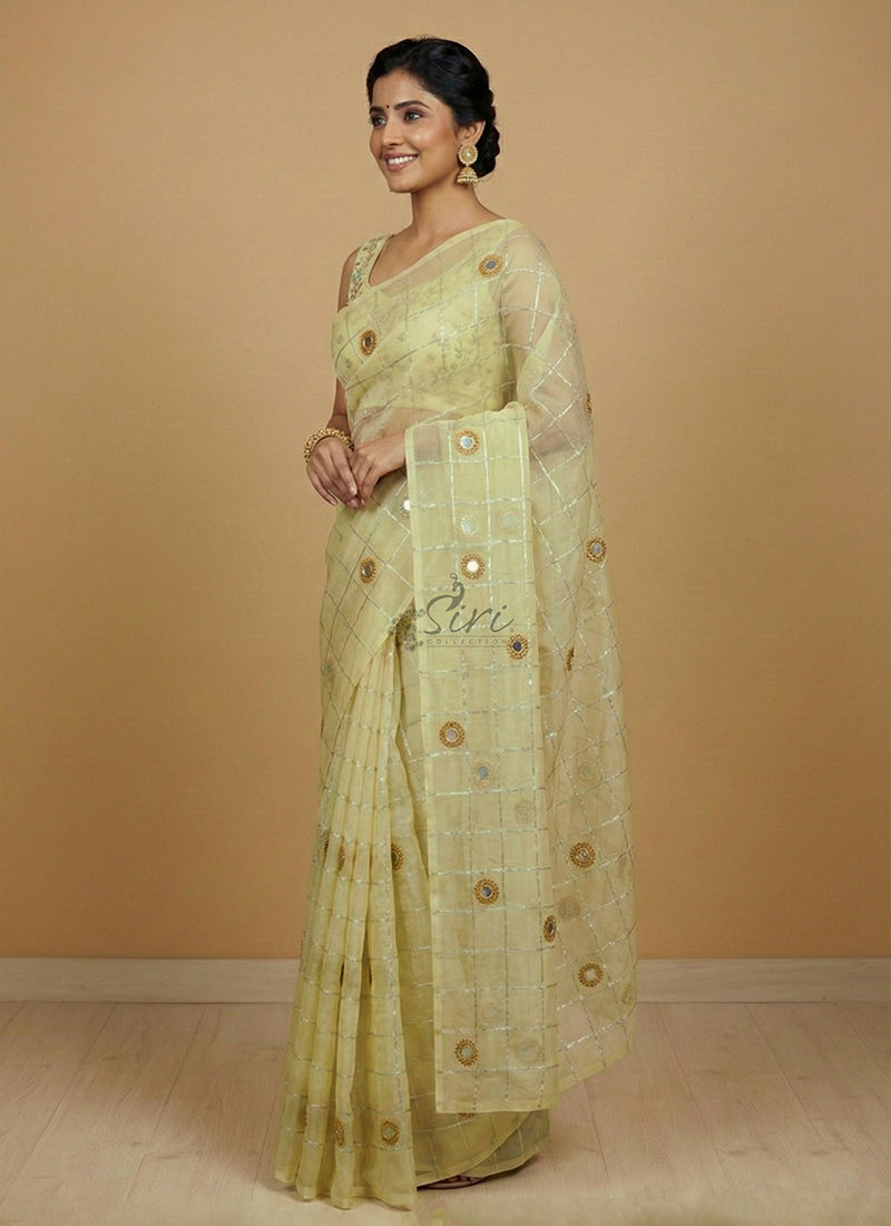 Designer Organza Saree in Hand Mirror Work