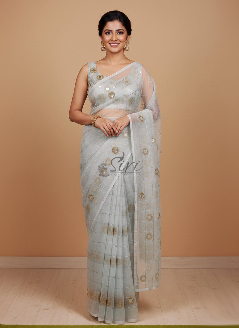Designer Organza Saree in Hand Mirror Work
