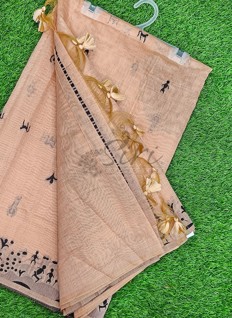 Latest Fancy Cotton Saree in Warli Design Borders