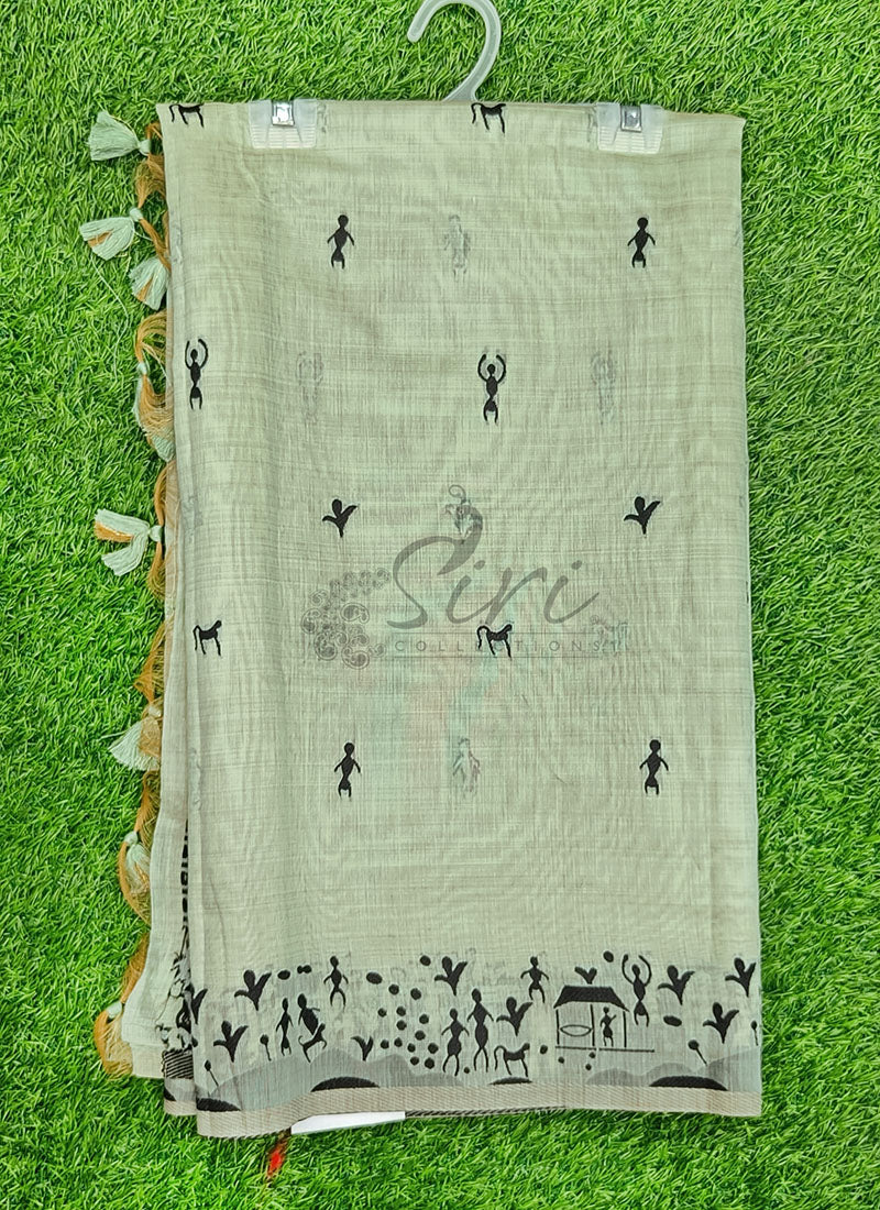 Latest Fancy Cotton Saree in Warli Design Borders