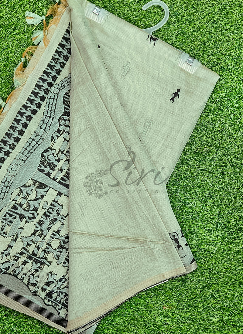 Latest Fancy Cotton Saree in Warli Design Borders
