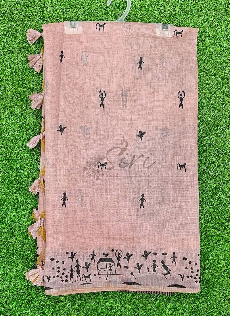 Latest Fancy Cotton Saree in Warli Design Borders