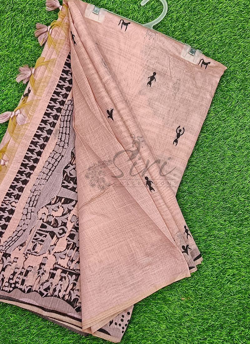 Latest Fancy Cotton Saree in Warli Design Borders