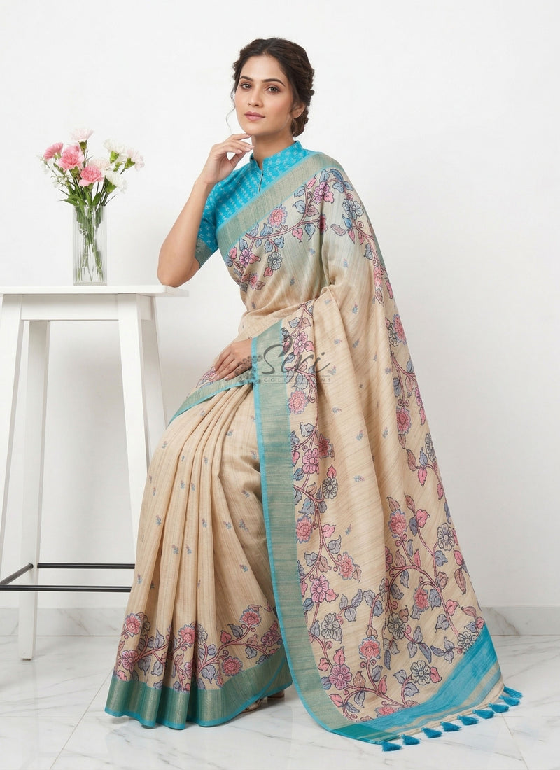 Beautiful Digital Print Fancy Tussar Saree in Kalamkari Design