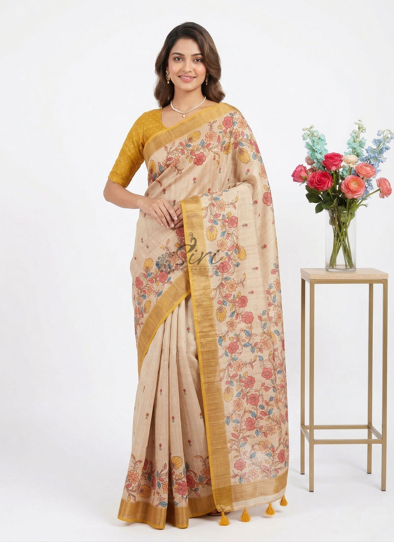 Beautiful Digital Print Fancy Tussar Saree in Kalamkari Design