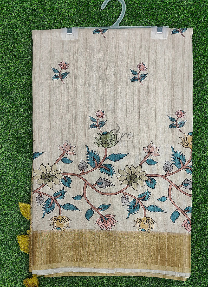 Beautiful Digital Print Fancy Tussar Saree in Kalamkari Design