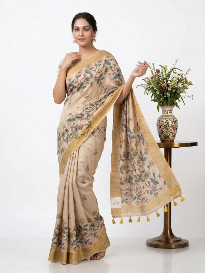 Beautiful Digital Print Fancy Tussar Saree in Kalamkari Design