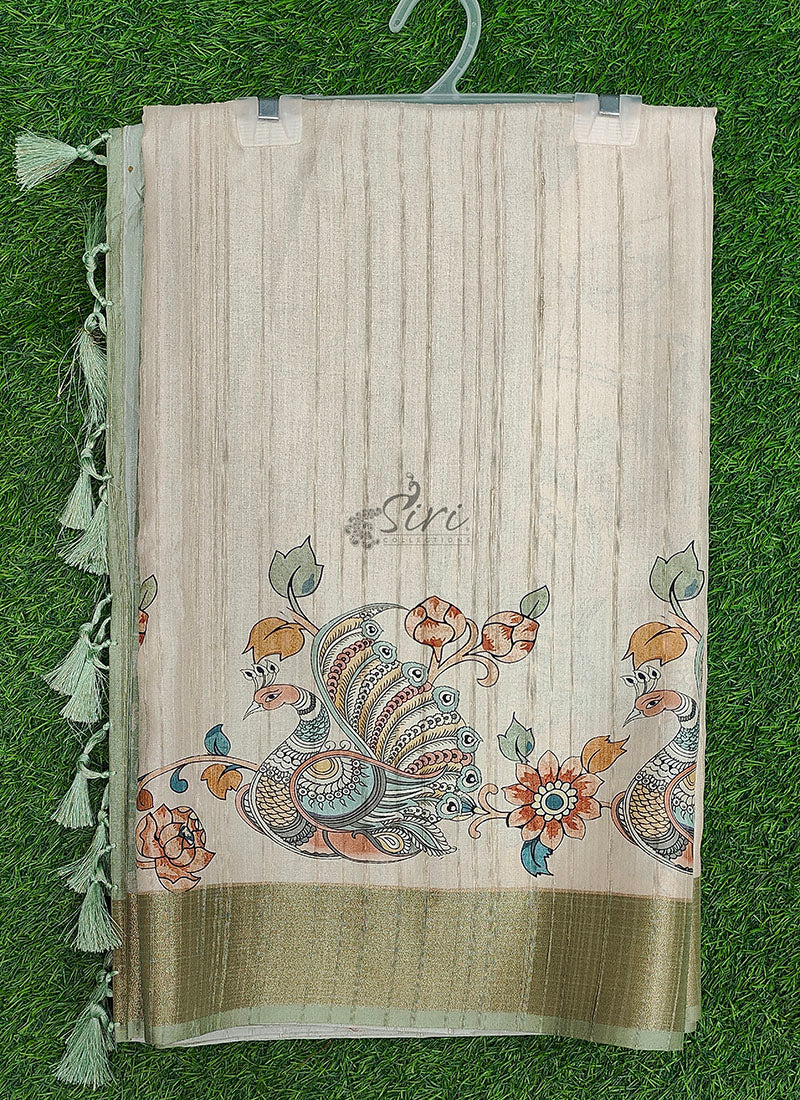 Beautiful Digital Print Fancy Tussar Saree in Kalamkari Design
