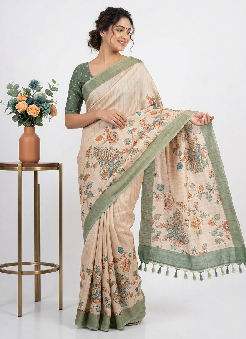 Beautiful Digital Print Fancy Tussar Saree in Kalamkari Design