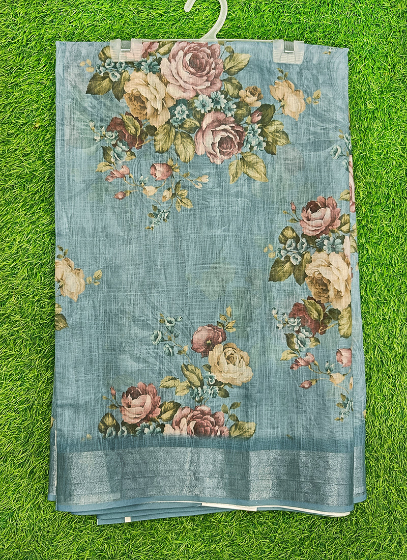 Lovely Digital Print Linen Saree