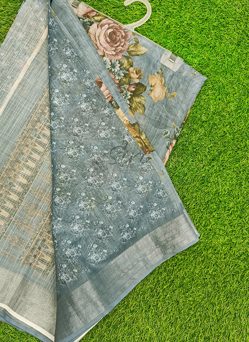 Lovely Digital Print Linen Saree
