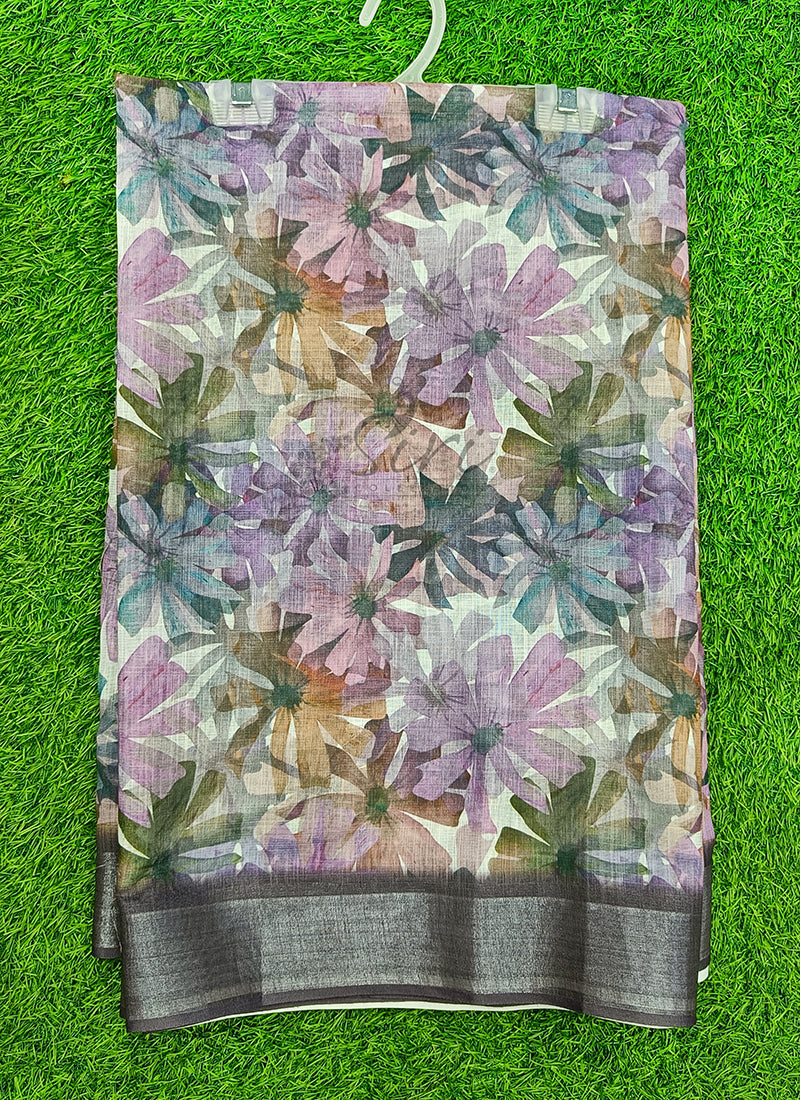 Lovely Digital Print Linen Saree
