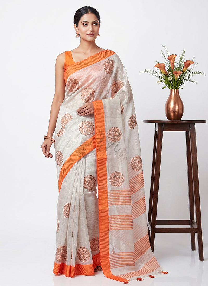 Festive Tissue Linen Saree in Embroidery Work Motifs