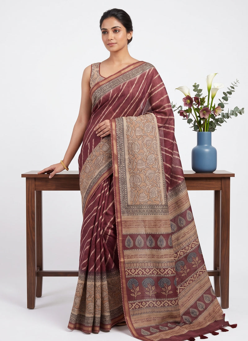 Latest Linen Blend Chanderi Printed Saree with Blouse