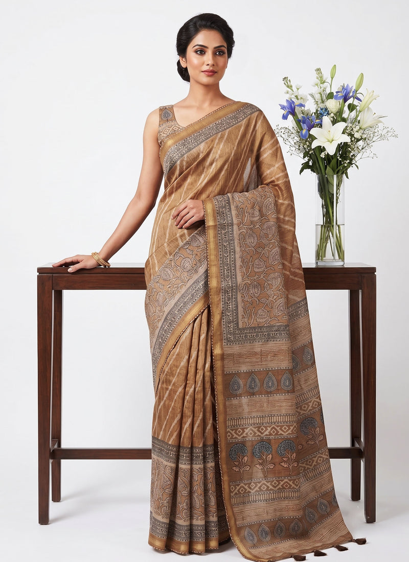 Latest Linen Blend Chanderi Printed Saree with Blouse