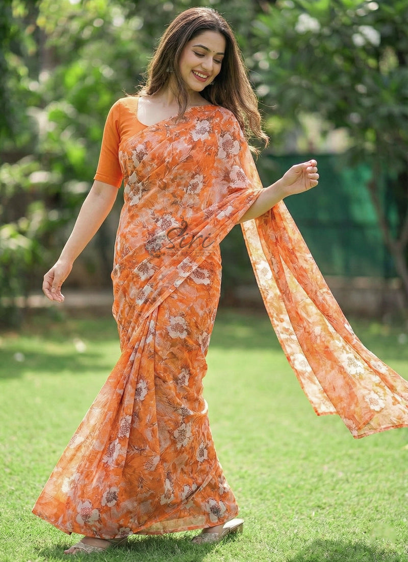 Authentic Garden Vareli Printed Georgette Saree