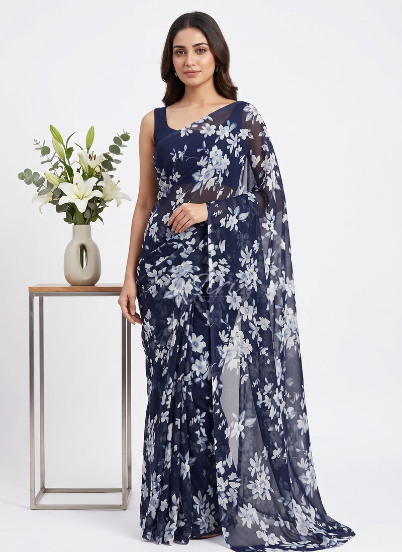 Authentic Garden Vareli Printed Georgette Saree