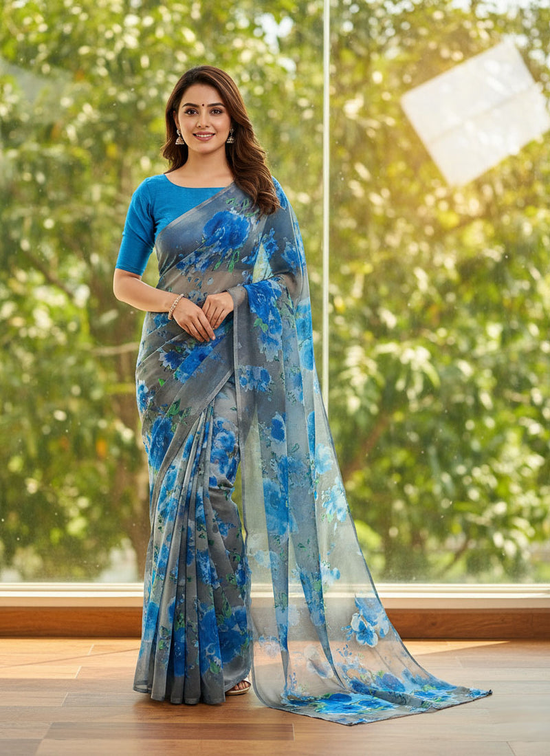 Beautiful Garden Vareli Printed Nara Chiffon Saree