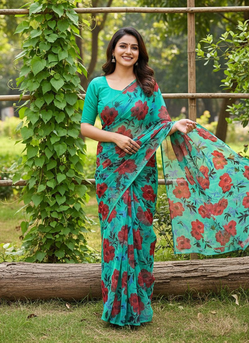 Beautiful Garden Vareli Printed Nara Chiffon Saree