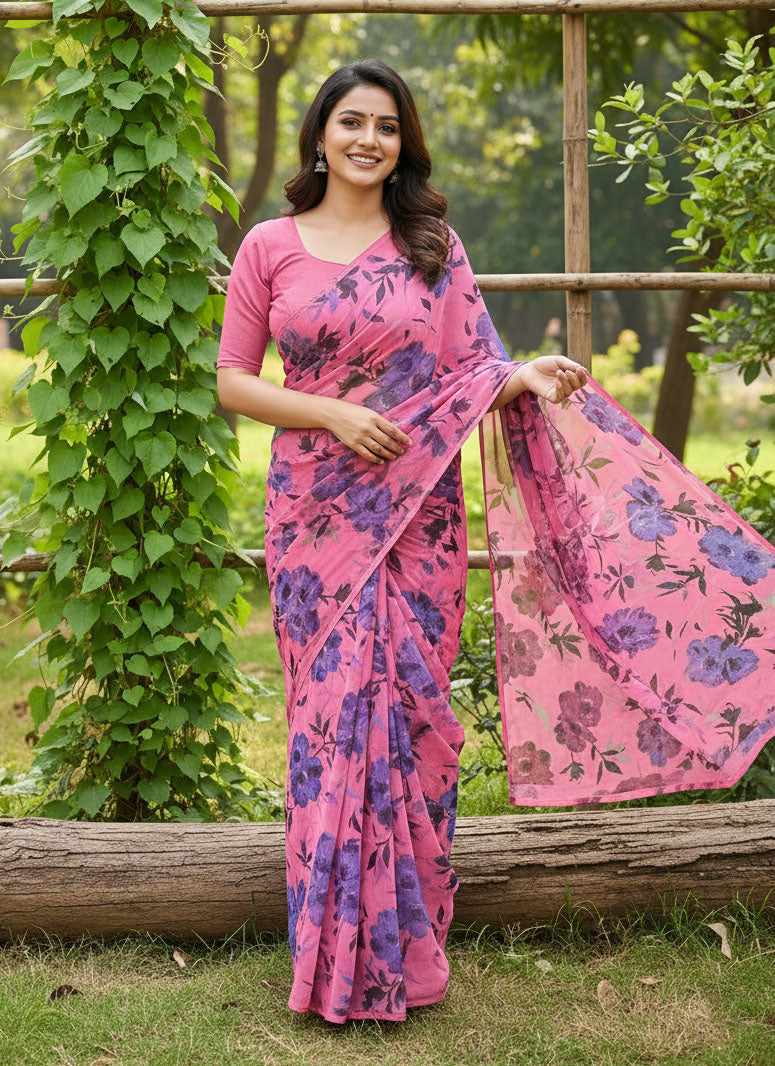Beautiful Garden Vareli Printed Nara Chiffon Saree