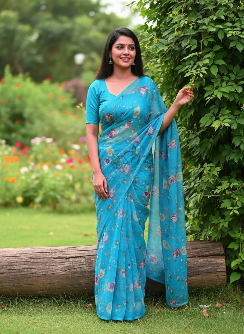 Latest Garden Vareli Blue Floral Nara Chiffon Saree