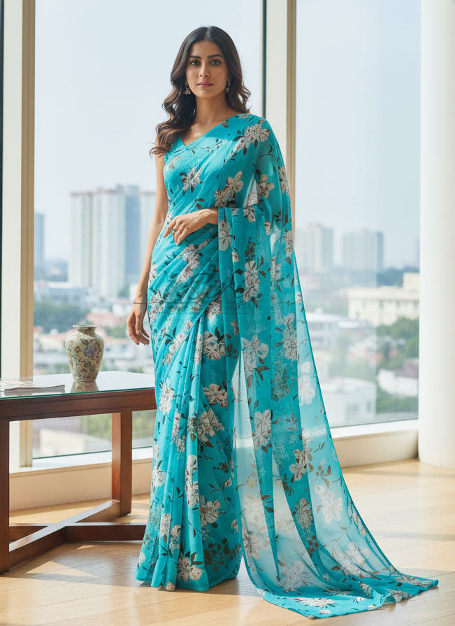 Authentic Garden Vareli Printed Nara Chiffon Saree