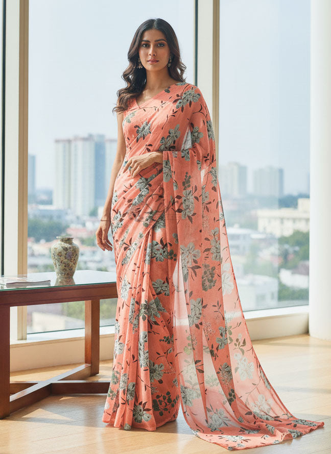 Authentic Garden Vareli Printed Nara Chiffon Saree
