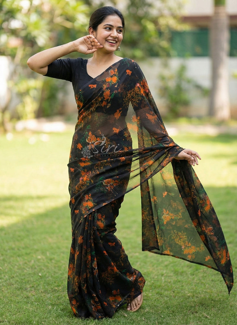 High Quality Garden Vareli Printed Nara Chiffon Saree