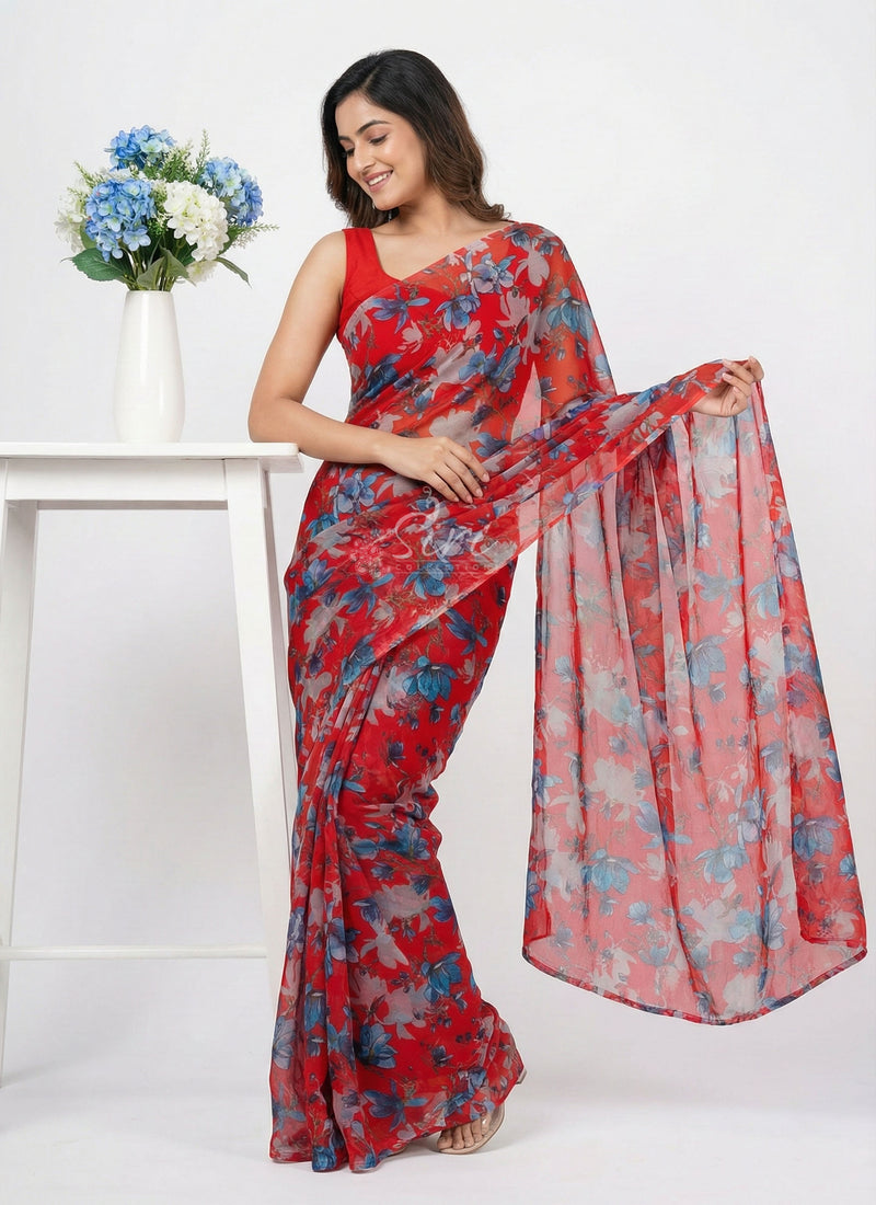 Authentic Garden Vareli Printed Nara Chiffon Saree