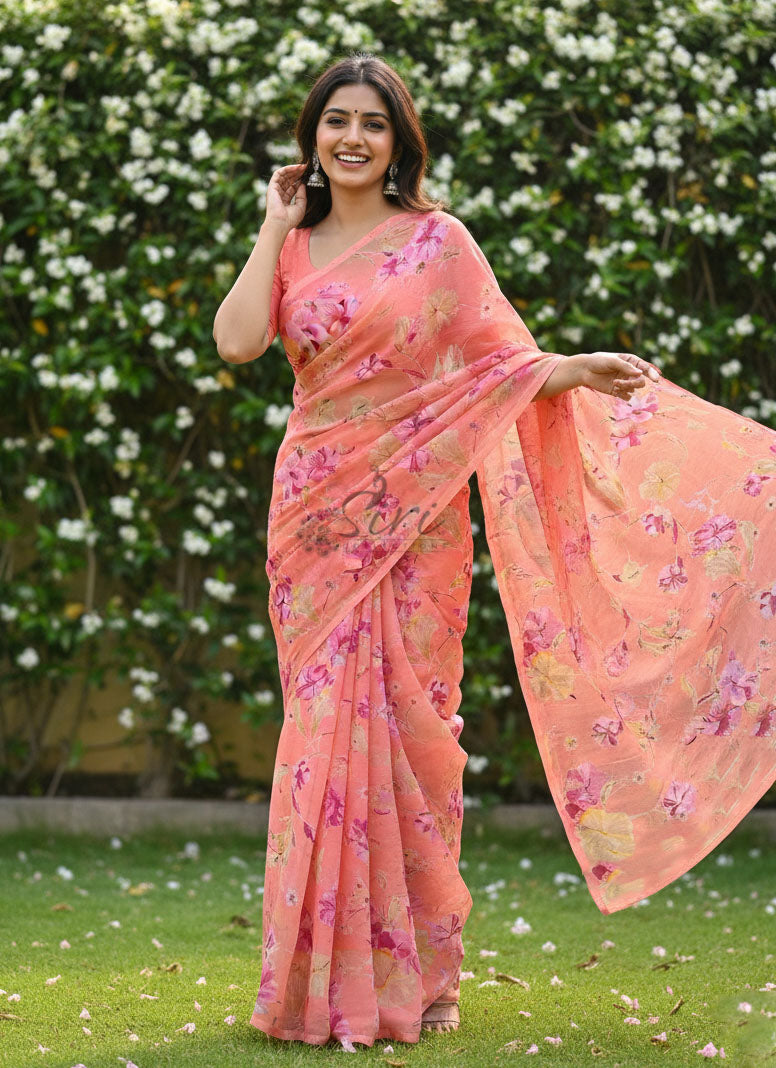 Authentic Garden Vareli Printed Nara Chiffon Saree