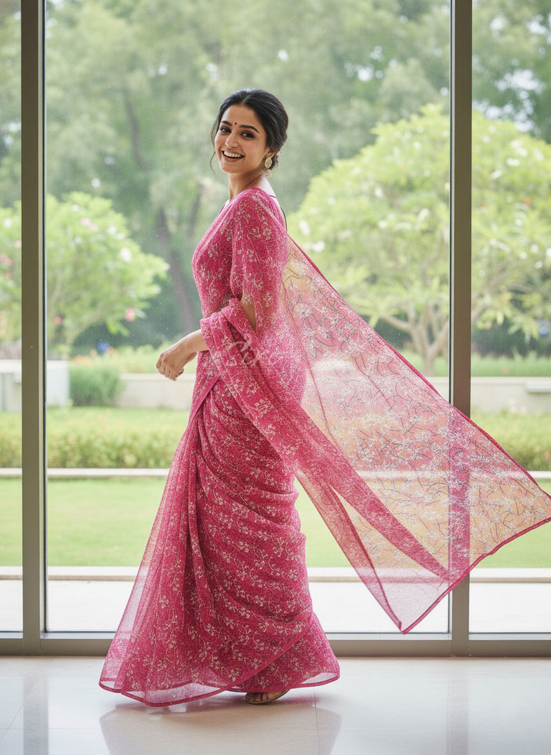 Authentic Garden Vareli Printed Nara Chiffon Saree