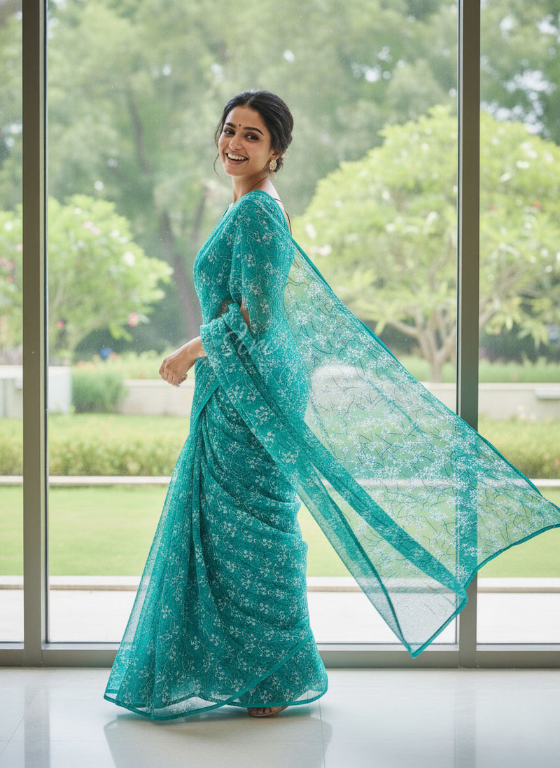 Authentic Garden Vareli Printed Nara Chiffon Saree