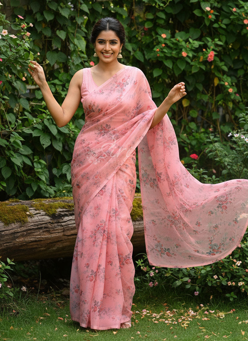 Authentic Garden Vareli Printed Nara Chiffon Saree