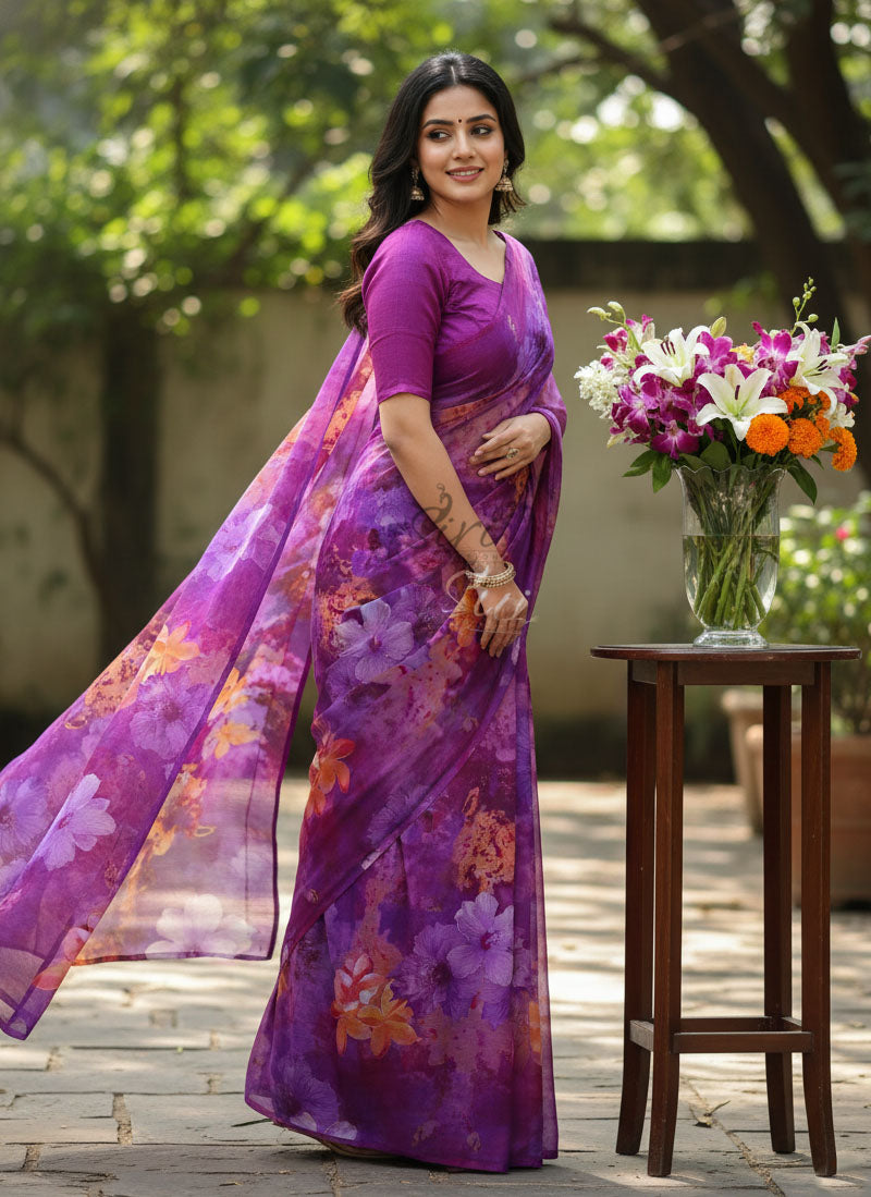 Authentic Garden Vareli Printed Nara Chiffon Saree