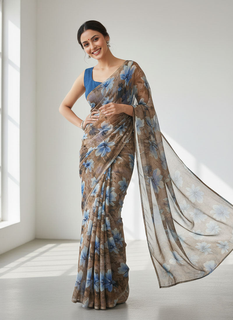 Authentic Garden Vareli Printed Nara Chiffon Saree