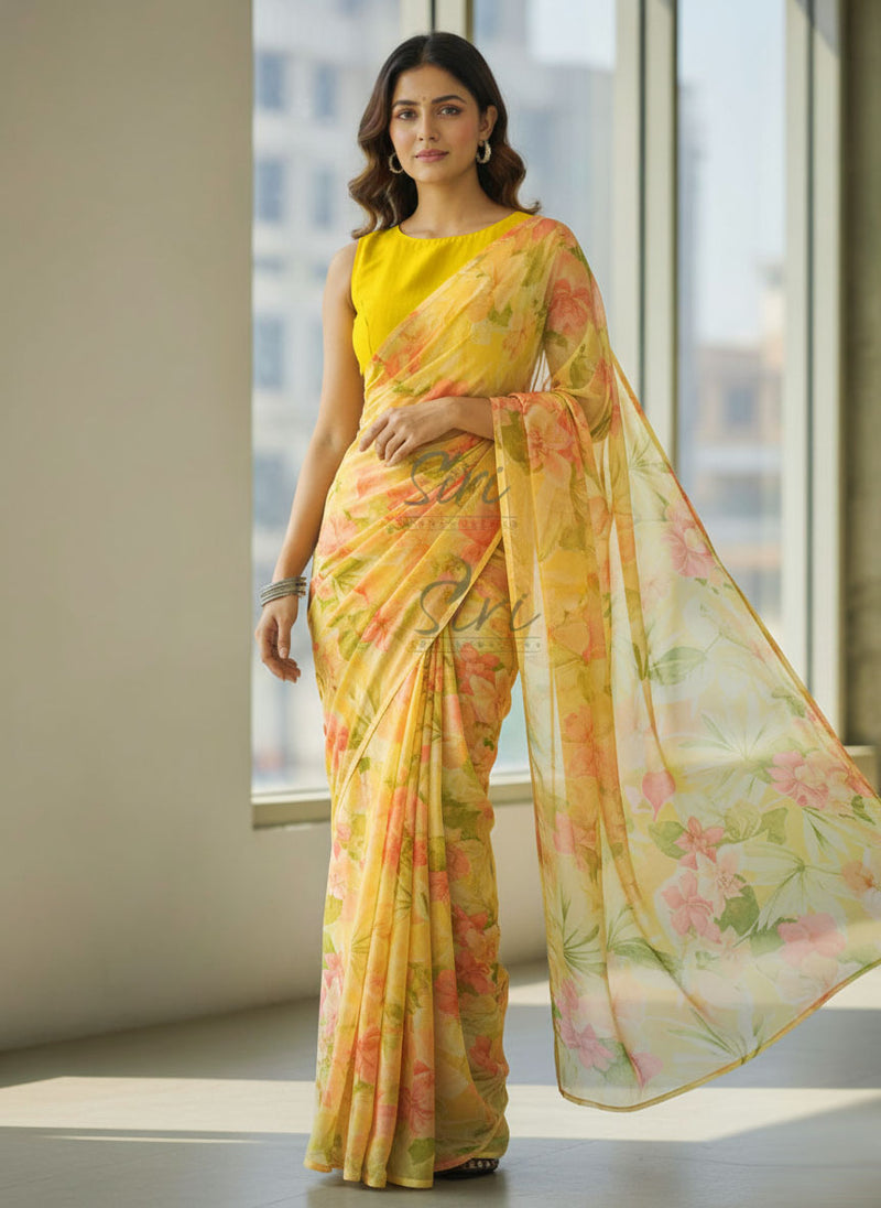 High Quality Garden Vareli Printed Nara Chiffon Saree